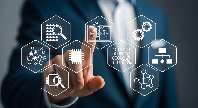 4k close-up of a businessman in a suit interacting with digital hexagonal icons on a virtual interface, representing data analysis and automation, against a blurred grey
