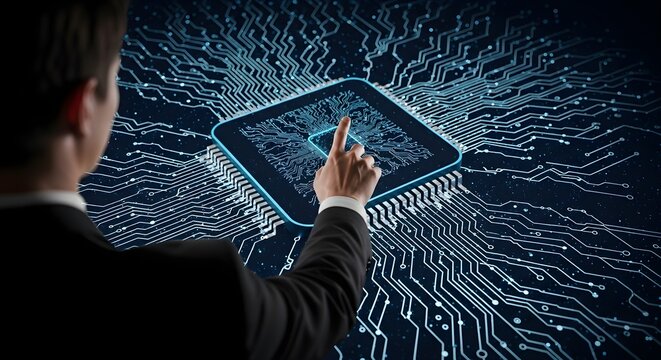 4k image of a businessman pointing at a glowing central processing unit on a blue circuit board background, taken from behind in a well-lit shot conveying advanced