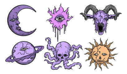 Colorful Illustrations of Celestial and Mythical Elements with Unique Designs