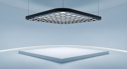 4k, A clean, minimalist square platform sits centered beneath a modern, hexagonal LED ceiling light in a studio setting, featuring soft blue tones and even lighting for