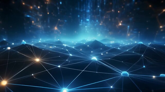 Dynamic blue network connecting data points, representing global technology, innovation, and the future of digital communication solutions