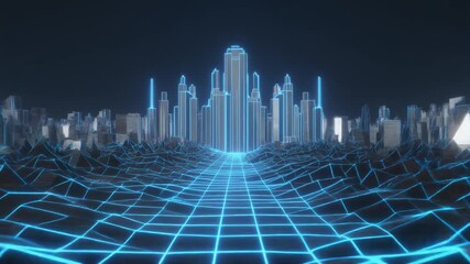 Futuristic cityscape with glowing grid offers a glimpse into a digital frontier, perfect for tech, gaming, or innovative business concepts - Powered by Adobe