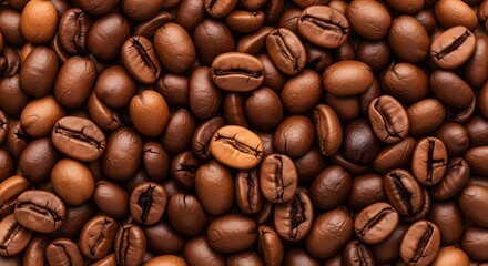 Obraz premium 4k close-up image shows roasted coffee beans arranged evenly, displaying their rich brown color variations, with shallow depth of field against plain background in a