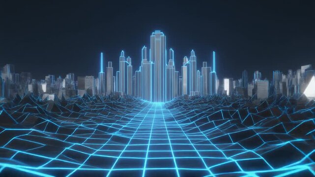 Futuristic cityscape with glowing grid offers a glimpse into a digital frontier, perfect for tech, gaming, or innovative business concepts - Powered by Adobe