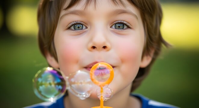 Close up Portrait of Adorable Young Boy Blowing Soap Bubbles Outdoors in Sunlight
