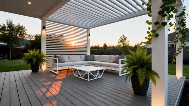 Contemporary patio setup with stylish composite flooring minimalist furniture and pergola providing partial shade in a serene backyard environment.