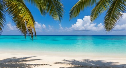 4k aerial view showcases a pristine white sand beach meeting turquoise ocean waters, framed by lush green palm trees in a tropical coastal landscape under a bright blue