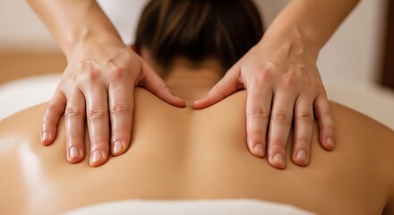 Obraz premium Close up of Professional Massage Therapist Hands Kneading Upper Back Muscles for Relaxation and Pain Relief