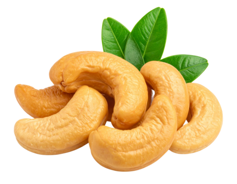 Scattered Cashew Nuts with Green Leaf Accent, Angled View, isolated on transparent background PNG