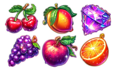 Fototapeta premium Colorful Fruit and Gemstone Illustrations with Water Droplets on Transparent Background