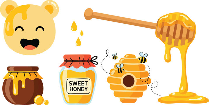 Pixel Art Honey Pot Jar Dipper And Happy Bear Face With Bees And Honeycomb