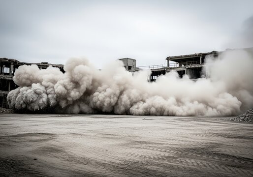 Huge dust cloud explosion during the controlled demolition of an abandoned industrial building.