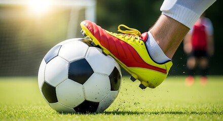 Close up of Soccer Player Kicking Ball on Grass Field at Sunset