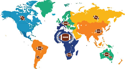 Colorful world map with soccer balls on various continents, illustrating global football connections in a vibrant, illustrative style with a mix of bright, bold colors.