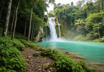 Fototapeta premium Majestic tropical waterfall cascading into a vibrant turquoise pool surrounded by lush jungle