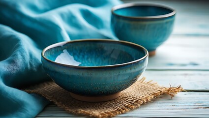 Artisan crafted blue ceramic bowls on rustic burlap and wooden surface