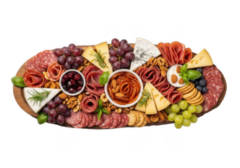 Charcuterie Board Platter with Assorted Cured Meats, Cheese, Fruits, Nuts and Crackers. Gourmet Food. Appetizer. Snack. Variety. Delicious. Flat Lay