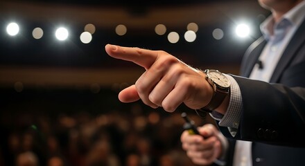 Motivational Speaker Pointing to Audience During Business Presentation in Auditorium