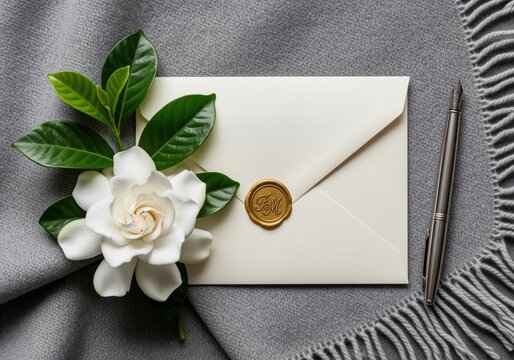 Elegant cream envelope with gold wax seal, white gardenia flower, and fountain pen.