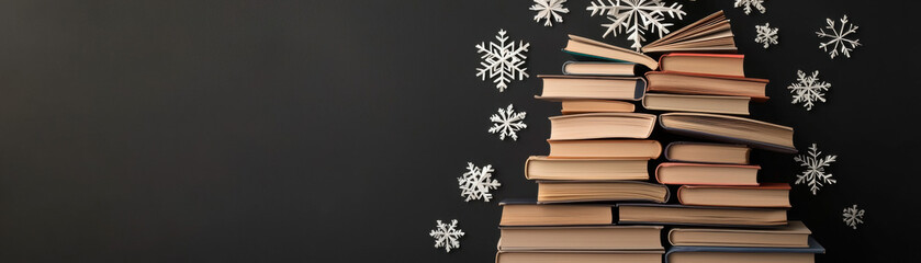 Fototapeta premium Christmas books stacked in tree shape with snowflakes on black background create festive and creative holiday atmosphere