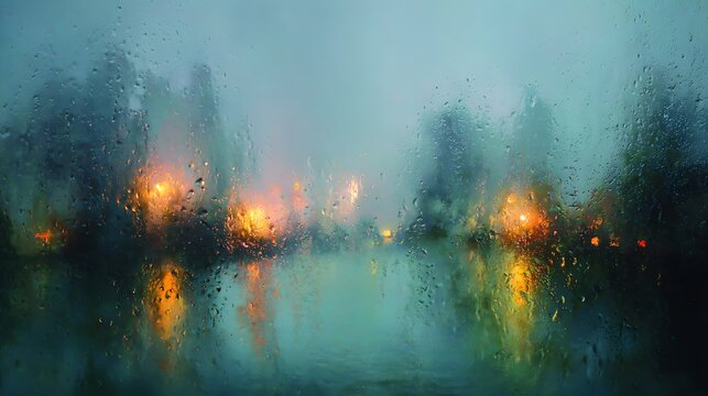 City lights blurred by raindrops on a wet window pane at dusk.