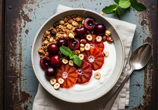 Gourmet granola bowl with yogurt, fresh cherries, blood orange slices, and hazelnuts. - Powered by Adobe