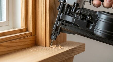 Close up of a person s hand using a pneumatic nail gun to attach wooden trim around a window frame during home renovation or construction