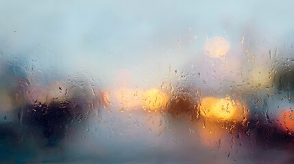 Defocused lights and rain streaks on glass create a blurred, moody atmosphere.