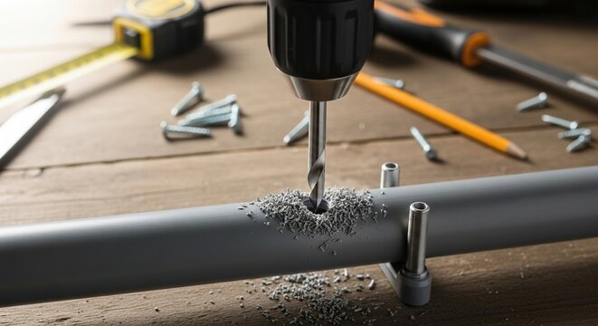 Close up of a drill bit creating a hole in a gray pipe with sawdust and tools like a tape measure and pencil on a wooden surface