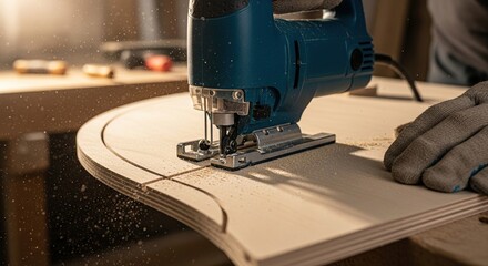 Close up of a woodworker s gloved hand carefully guiding a jigsaw to cut a curved line on a wooden board in a workshop setting