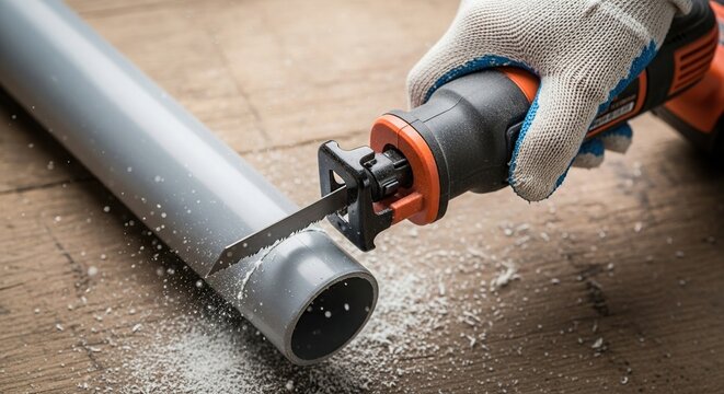 Close up of a gloved hand using a reciprocating saw to cut a gray plastic pipe on a wooden surface with sawdust scattered around the cut