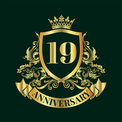 19 Years Luxury Vector Design – Black and Gold Anniversary Emblem with Crown and Wreath