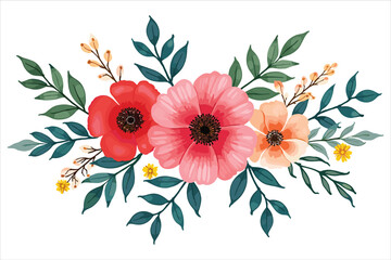 This Watercolor Pink Flowers and Green Leaves