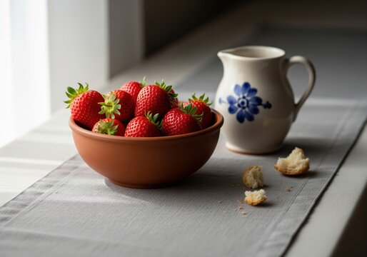 Fresh red strawberries in a rustic terracotta bowl with a ceramic pitcher and bread
