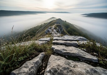 Dramatic view of a rocky ridge line path disappearing into the dense morning fog.