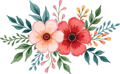 This Watercolor Pink Flowers and Green Leaves