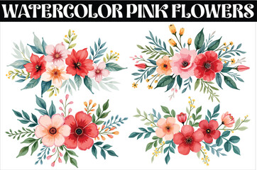 This Watercolor Pink Flowers and Green Leaves