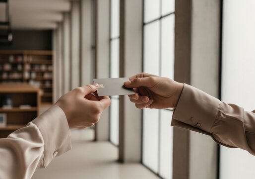 Handing over a metallic payment card during a business transaction in a modern setting