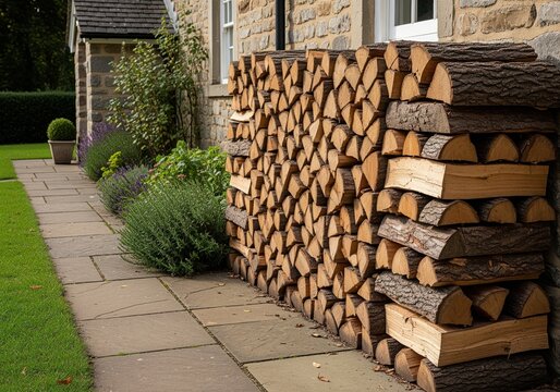 Neatly organized stack of split firewood logs next to a stone cottage wall and garden path.