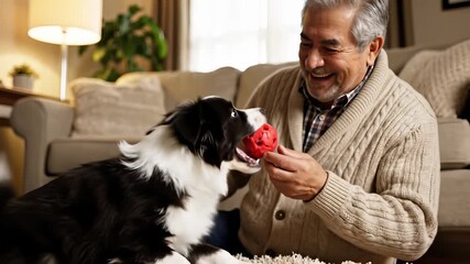 Man joyfully plays with his dog on the cozy living room floor, capturing the funny and playful essence of human connection with our furry companions, perfect for advertising campaigns or social.