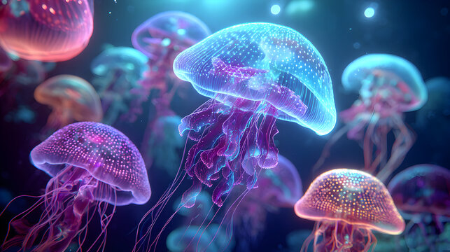 Glowing Jellyfish A Mesmerizing Underwater Display of Bioluminescence.