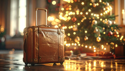 Christmas Travel: A leather suitcase sits beside a decorated Christmas tree, inviting the spirit of travel and celebration of holiday.
