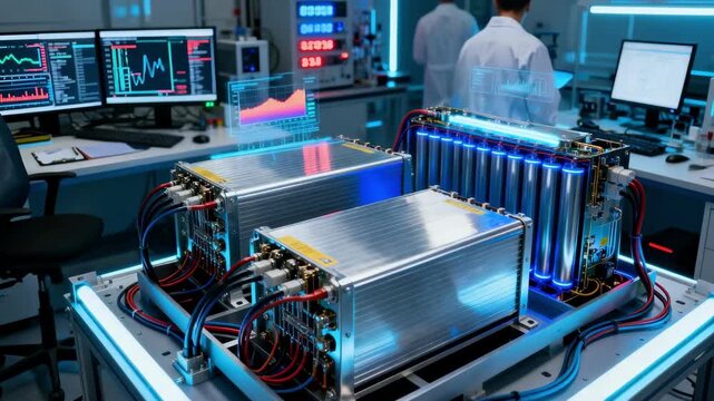 Closeup of innovative fuel cell stacks undergoing testing in a hightech lab environment showcasing research and development for backup power.