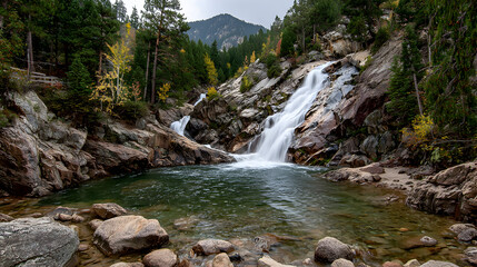 Fototapeta premium Scenic Waterfall Cascading into a Pool Surrounded by Rocks and Forest.