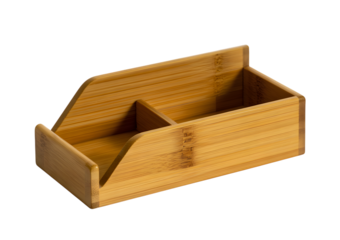 A simple, natural bamboo desk organizer with two compartments for office supplies.
