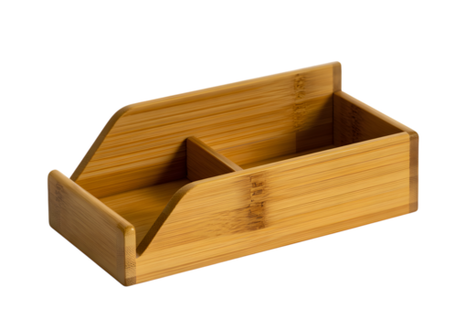 A simple, natural bamboo desk organizer with two compartments for office supplies.