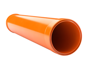 Bright orange plastic pipe section with a smooth interior and exterior isolated on a black background showcasing industrial material