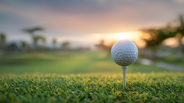 Perfect golf ball poised on tee at sunrise on lush green course, ready for a dynamic game.