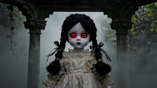 Creepy doll with red eyes stands in mysterious stone structure