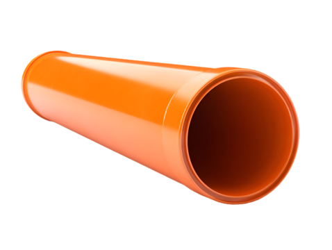 Bright orange plastic pipe section with a smooth interior and exterior isolated on a black background showcasing industrial material